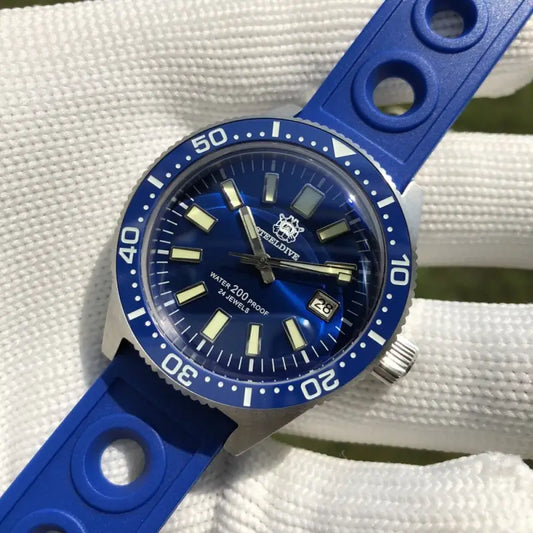 a watch with blue dial and yellow hands